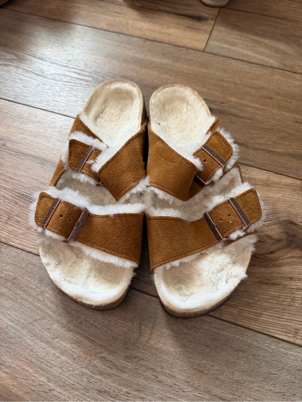 Birkenstock Faux-Fur Double Buckle Slide Sandals in Chestnut Suede